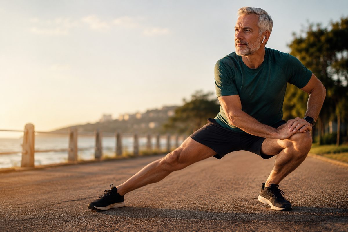 Active senior stretching outdoors at sunrise